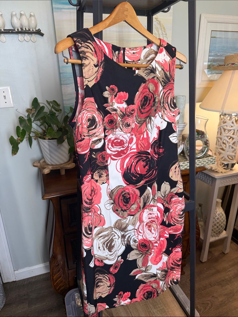connected apparel Black Shift Dress with Pink and Cream Floral Print